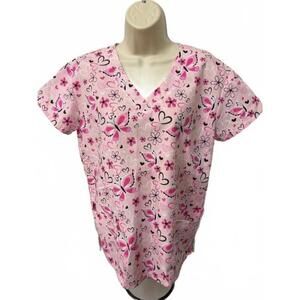 365 WORKWEAR WOMENS SCRUB TOP SMALL PINK‎ BUTTERFLIES